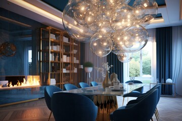 Luxurious and modern, contemporary dining room table. Blue and white tones. 3d render generative ai