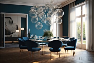 Luxurious and modern, contemporary dining room table. Blue and white tones. 3d render generative ai