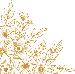 Elegant Gold floral border with hand drawn leaves and flowers for wedding or engagement invitation