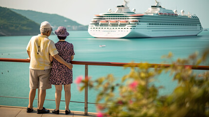 Active Korean seniors taking at vacation with cruise ship on background. Summer vacation Generative AI - obrazy, fototapety, plakaty