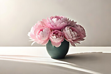 Peony vase arrangement on an off-white background, with a metal origami sculpture as minimalist decor