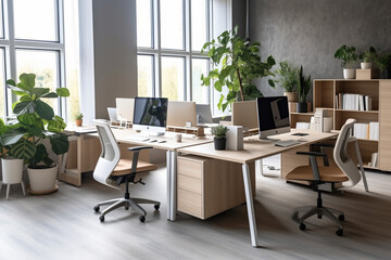  an office with wood desks and glass walls, in the style of high detailed, grey academia, wood, photo-realistic landscapes, vintage minimalism, light silver and light brown generativ ai