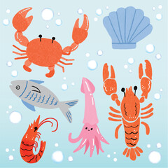 Marine Sea Animals Seafood Hand Drawn Illustration 