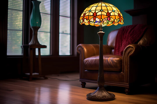 Tiffany Style Floor Lamp - Floor lamp with a stained glass shade in the style of Louis Comfort Tiffany, known for its vibrant colors and intricate patterns (Generative AI)