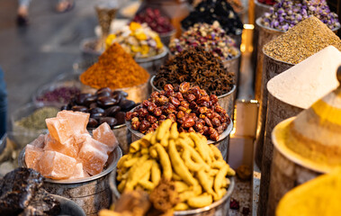 United Arab Emirates, Dubai district Deira, spice market, April 2023. Old traditional souk for...