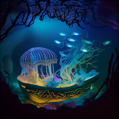 Enchanted Shipwreck Reverie: Jellyfish's Harmonious Symphony