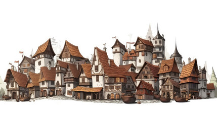 Medieval town or village as cartoon illustration (Generative AI)