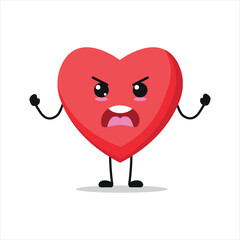 Cute angry heart character. Funny furious heart with hand cartoon emoticon in flat style.