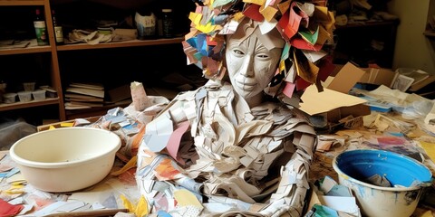 A partially completed paper mache sculpture surrounded by strips of newspaper and a bowl of glue , concept of Sculpting techniques, created with Generative AI technology