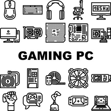 game pc computer gaming icons set vector. play technology video digital, device player gamer entertainment joystick controller game pc computer gaming black contour illustrations