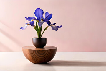 Iris vase arrangement on a light pink background, with a wooden sphere sculpture as minimalist decor