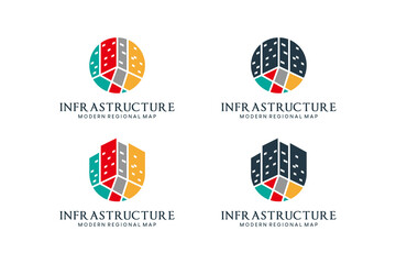 Infrastructure logo design with vector map and modern building illustration
