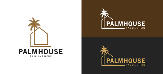 Minimalist palm tree house logo design with creative line style