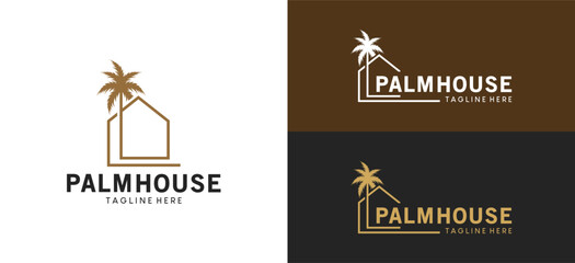 Minimalist palm tree house logo design with creative line style © SlametWahono