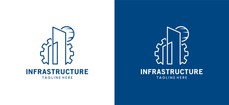 Infrastructure logo design with gear vector illustration and minimalist building