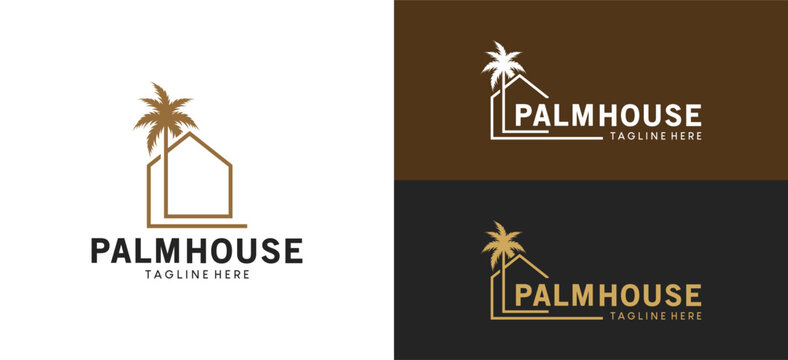 Minimalist palm tree house logo design with creative line style