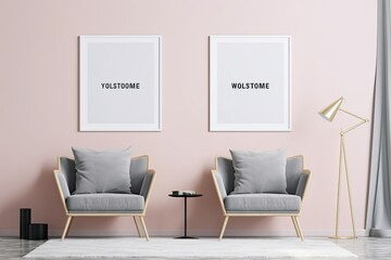 A Comfortable Minimal Home: Interior Design with Pastel Sofa, Chair, and Wall in a Living Room. Generative AI