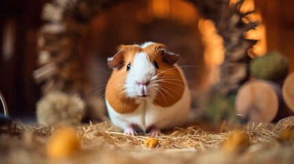 A brown and white guinea standing in hay. Generative AI.