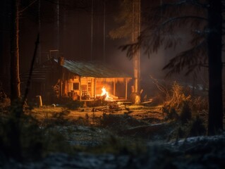 A small cabin in the woods at night. Generative AI.