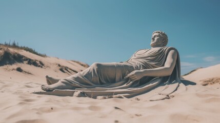 A statue of a man laying on a blanket in the sand. Generative AI.