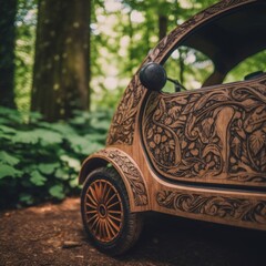 A small wooden car with carvings on the side of it. Generative AI.