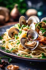 A plate of pasta with clams and tomatoes. Generative AI.