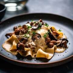 A black plate topped with pasta and mushrooms. Generative AI.