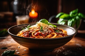 A bowl of spaghetti with sauce and basil leaves. Generative AI.