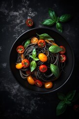 A bowl of black pasta with tomatoes and basil leaves. Generative AI.