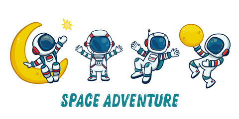 set of cartoon astronauts isolated on colorful background. Doodle style,for book. Vector illustration