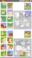jigsaw puzzle activities set with cartoon farm animal characters