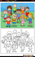 funny cartoon children characters group coloring page