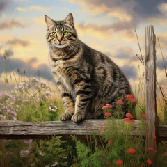 Obraz premium Curious American Bobtail on a Wooden Fence