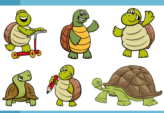 cartoon funny turtles comic animal characters set