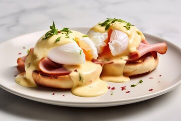 Delicious Plate of Eggs Benedict on a White Background. Generative AI