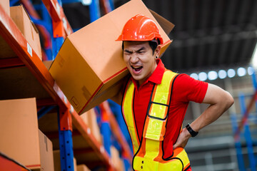 Male worker in a warehouse His back hurts while lifting goods in a large warehouse. hard work Warehouse worker.
