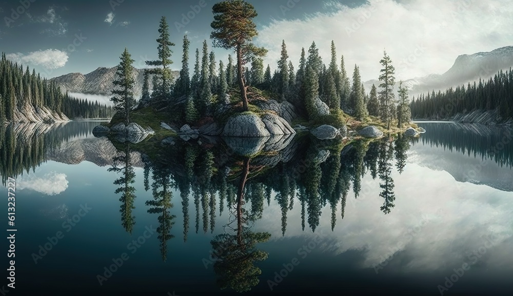 Poster gorgeous view of a lake surrounded by pine trees and reflecting the surrounding landscape. generativ