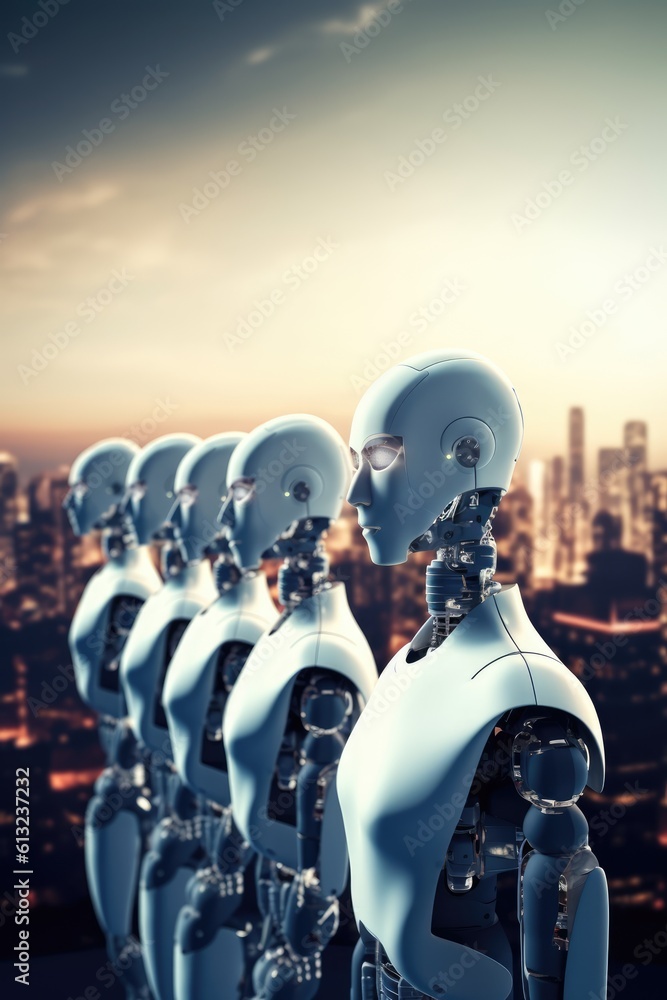 Poster sophisticated robots stand are arranged in a row, backdrop of a glittering city. generative ai