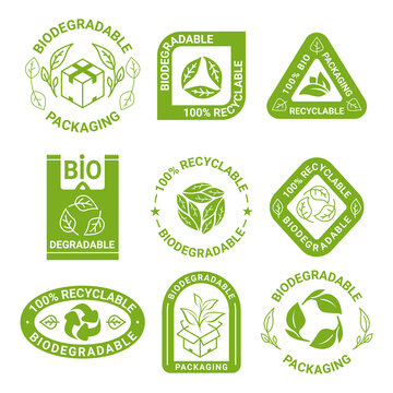 Biodegradable package green eco label 100 percent reusable bio recycling emblem set vector flat