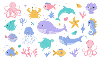 Set of sea and ocean underwater animals. Cute aquatic turtle, whale, whale, dolphin, octopus and colorful fishes. Childish colored flat cartoon vector illustration isolated on white background © Lapalovee