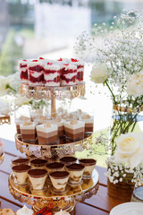Obraz na płótnie Canvas Delicious wedding reception candy bar. Tiramisu, cupcakes, sweetness, macaroons decorated by flowers gypsophila and white roses 
