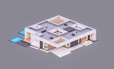 3d rendering of new concrete house in modern style with pool and parking for sale or rent only one floor in evening. Isolated on gray