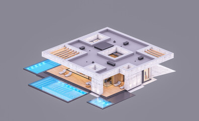 3d rendering of new concrete house in modern style with pool and parking for sale or rent only one floor in evening. Isolated on gray