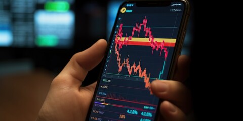 A hand holding a mobile phone displaying a stock trading app, with stock charts in the background , concept of Financial Analysis, created with Generative AI technology