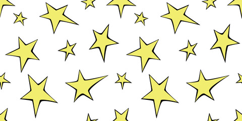 Seamless pattern of yellow stars in doodle flat style. Simple color background and texture on theme of night sky, space, astronomy, kids design