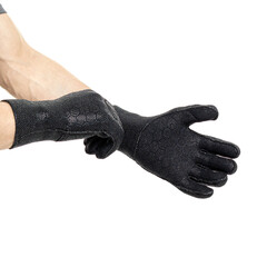 Black diving gloves on white background. Square