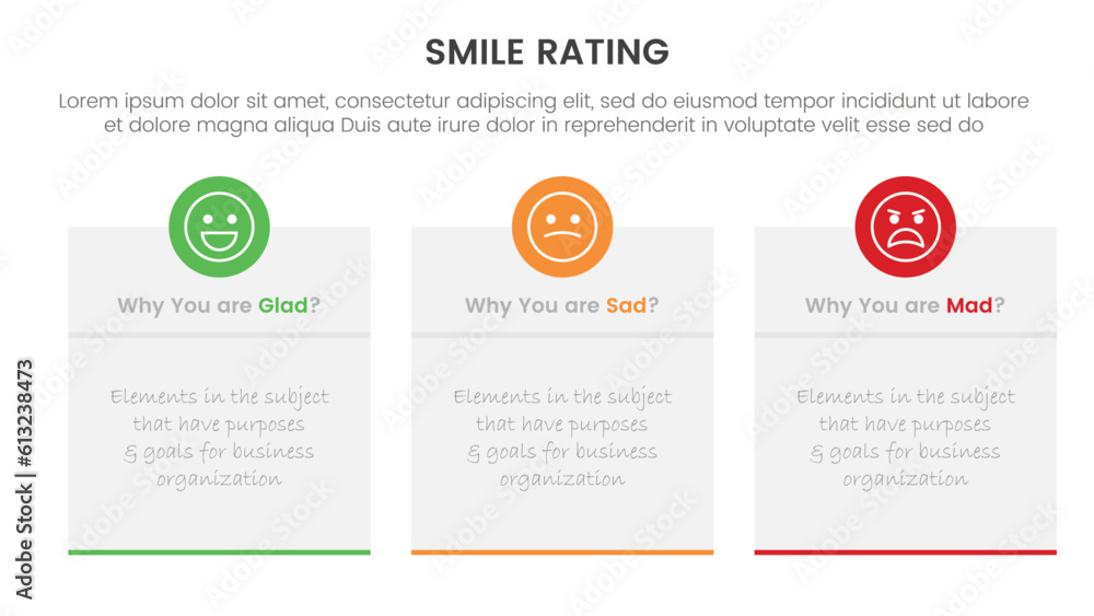 Aufkleber smile rating with 3 box template infographic concept with rectangle box symmetric for slide presenta