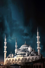 Fototapeta na wymiar Mosque majestic dome towers above, against a starry night sky background. High quality photo