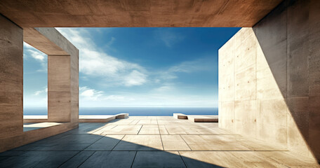 Empty concrete floor structure against the blue sea and sky horizon with clouds background. High quality photo