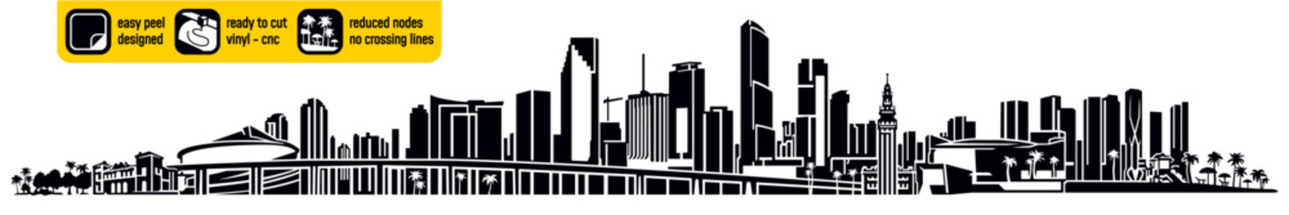 Obraz premium Detailed Miami Florida USA skyline vector, created vinyl cutting. Showcases Miami landmarks in a single captivating design silhouette. Cnc plasma ready. Wall sticker. Wall decal.